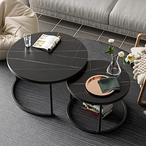 Round Nesting Coffee Table Set Of 2 Modern Living Room Nesting Table With Sintered Stone Top & Sturdy Metal Frame,Anti-Scratch/Temperature Resistance