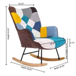 BOMENG Multicolor Puzzle Rocking Chair, Tufted Upholstered Rocking Chair For Lounge, Comfy Wingback Glider Rocker With Safe Solid Wood Base For Living Room Bedroom Balcony