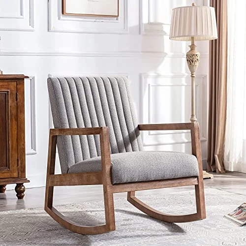RIVOVA Modern Fabric Accent Rocking Chair, Upholstered Nursery Glider Rocker, Mid Century Lounge Arm Chair For Reading Living Room Bedroom Office, Grey - Image 5