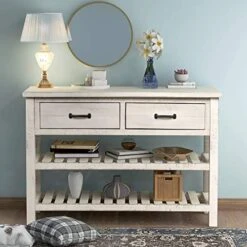 P PURLOVE Sofa Table Retro Style Console Table For Entryway With 2 Drawers And Shelf Living Room Furniture (Antique White)