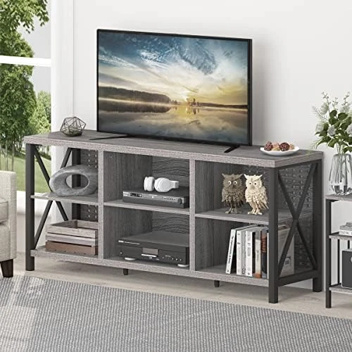LVB Rustic Entertainment Center For 65 Inch TV, Industrial Wood And Metal TV Stand With Storage Shelf, Modern Television Media Console Table With Cabinet For Living Room Bedroom, Rustic Oak, 55 Inch - Image 8