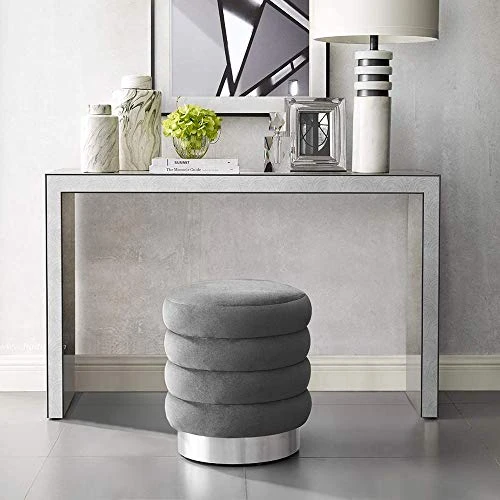 MEXIYA Della Grey Textured Velvet Ottoman With Silver Finish Stainless Steel Base,Pack Of 1