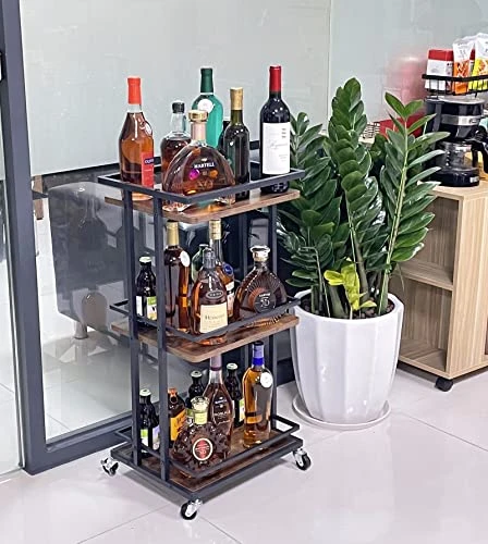 OKZEST 3 Tier Bar Cart For Home, Rolling Mini Liquor Bar For Wine Beverage Dinner Party, Utility Kitchen Storage Island Serving Cart On Wheels, Coffee Bar Cabinet For Kitchen Dining Living Room, Brown - Image 2