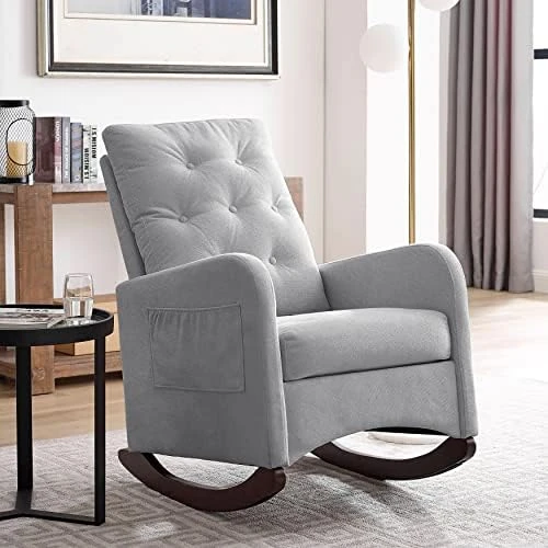 Modern Accent Rocking Chair, Button Tufted Upholstered Glider Rocker For Nursery, Comfy Armchair With Side Pocket, Lounge Chair With High Backrest For Living Room, Bedroom, Office (White Teddy) - Image 12
