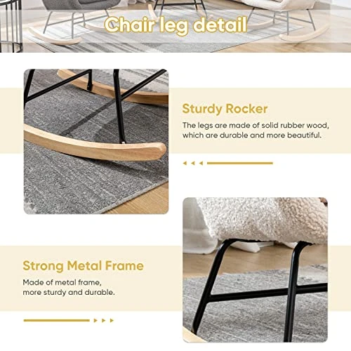 GEEVIVO Teddy Velvet Rocking Chair, Upholstered Accent Glider Rocker For Baby Nursery, Comfy Armchair Side Chair With High Backrest With High Backrest For Living Room, Bedroom (Beige, Teddy Velvet) - Image 6