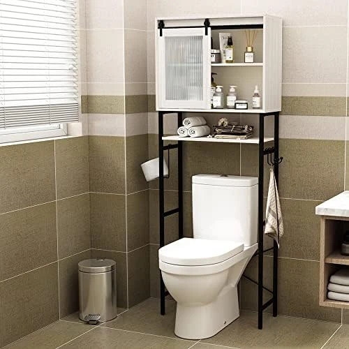 AZODY Over The Toilet Storage Cabinet With Sliding Door And Adjustable Shelves, Over Toilet Bathroom Organizer With Toilet Paper Holder And 3 Hanging Hooks, 64 Inches Height - Image 5