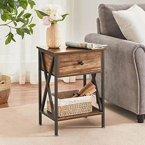 VECELO Corner Computer Desk 41 X 30 Inches, Antique Brown & Modern Versatile Nightstands X-Design Side End Table Night Stand Storage Shelf With Bin Drawer For Living Room Bedroom, Set Of 2 (Brown) - Image 3