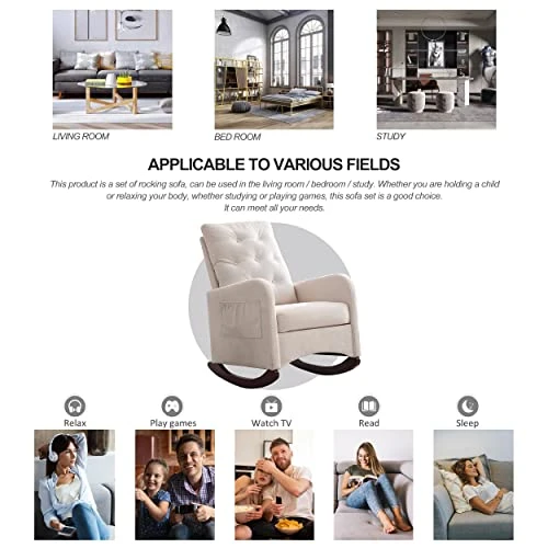 Modern Accent Rocking Chair, Button Tufted Upholstered Glider Rocker For Nursery, Comfy Armchair With Side Pocket, Lounge Chair With High Backrest For Living Room, Bedroom, Office (White Teddy) - Image 4