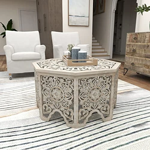 Deco 79 Wood Floral Handmade Intricately Carved Coffee Table With Hollow Interior, 33" X 33" X 18", Light Gray - Image 6