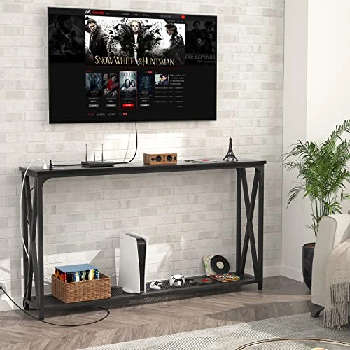 Karcog Narrow Console Table With Recessed Power Strip, 47 Inch Sofa Entry Table With 2 AC Outlets & 2 USB Ports, Industrial Farmhouse Style Accent Hallway Table For Living Room, Black - Image 2