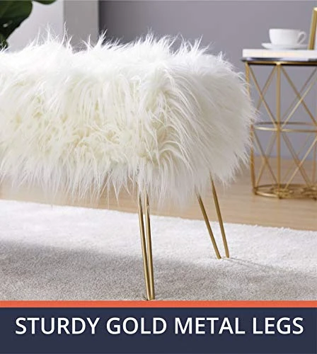 Ornavo Home Modern Contemporary Faux Fur Long Bench Ottoman Foot Rest Stool/Seat With Gold Metal Legs - 15" L X 45" W X 15" H (White) - Image 6