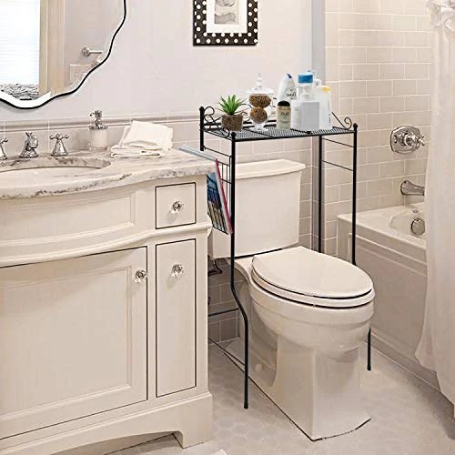 MyGift Black Metal Bathroom Over The Toilet Shelf With Magazine Basket, Space Saver Freestanding Storage Organizer Rack - Image 2