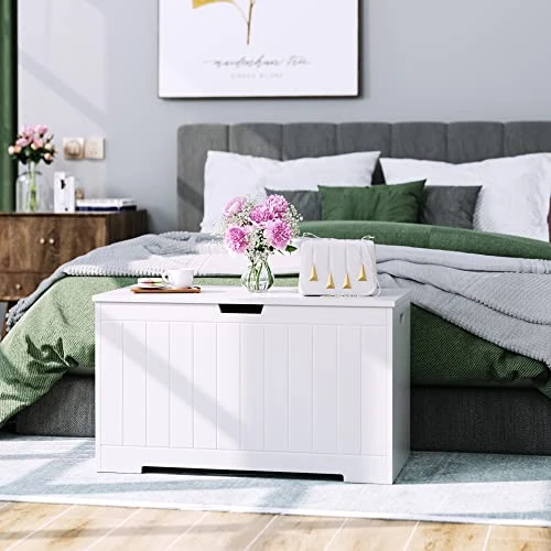 GENERIC Toy Storage Chest With Flip-Top Lid, Large Storage Cabinet With 2 Closed Slowly Hinges, Entryway Foot Rest Seat For Bedroom, Living Room, Playroom - White - Image 3