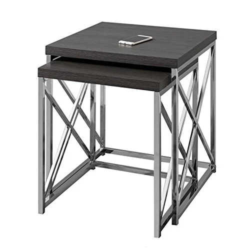 Monarch Specialties , Nesting Table, Chrome Metal, Grey, Table Set, 2 Pcs