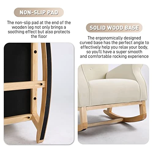 WIILAYOK Nursery Rocking Chair, Velvet Glider Rocker With Solid Wood Base And High Backrest For Baby Nursery, Comfy Rocking Recliner Armchair For Breastfeeding And Rocking Baby To Sleep (Beige) - Image 4