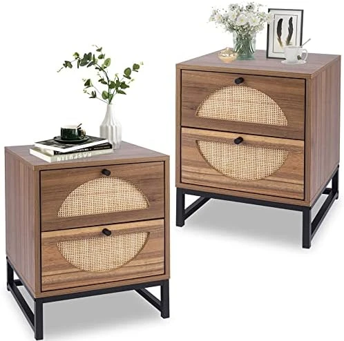 AWQM Rattan Nightstand Set Of 2,Farmhouse End Table Set Of 2,Wood Sofa Side Table,Accent Table With Storage, Bedside Table Accent Storage Cabinet For Bedroom Living Room,Metal Legs,Beige - Image 8