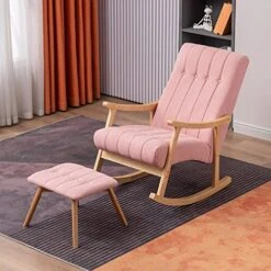 Scandinavian Style Solid Wood Rocking Chair, Lazy Rocker, Modern Velvet Rocking Chair, Upholstered Rocker Glider Chair With High Backrest And Armrests, Matching Small Footstool ( Color : Light Gris ,