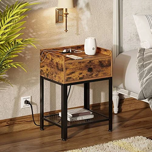 Rolanstar Nightstand With Charging Station And USB Ports, Rustic End Table With Drawer And Metal Shelf For Bedroom, Living Room, Rustic Brown - Image 3