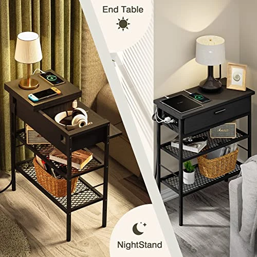 WASAGUN Narrow End Table With Charging Station, Black Nightstand With USB Ports And Outlets, Side Table Living Room Bedroom With Drawer, Skinny Bedside Table Storage Shelves For Small Spaces - Image 2