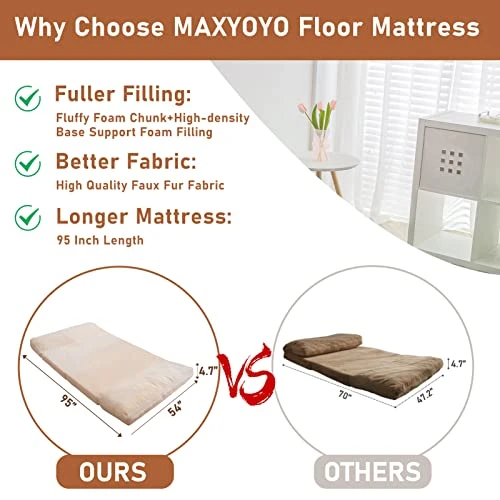 MAXYOYO Faux Fur Bean Bag Bed Floor Sofa Foldable Floor Couch, Foam Filling Wall Sofa Bed, Foldable Floor Mattress For Adults, Extra Thick Guest Mattress With Washable Cover, Beige, 54x95 Inch - Image 2