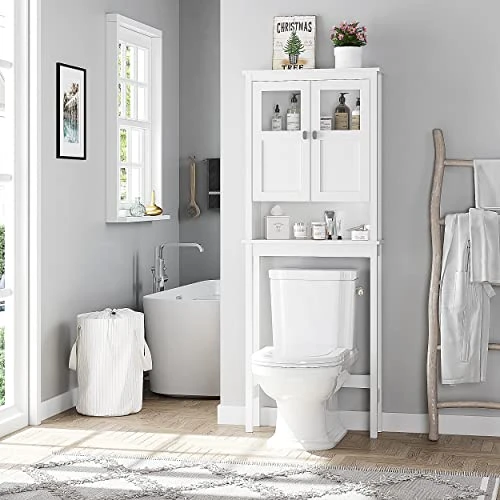 Spirich Home Bathroom Cabinet Over The Toilet, Bathroom Storage Cabinet With Glass Doors And Adjustable Shelves, Over The Toilet Storage Cabinet, White - Image 2