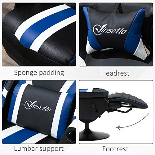 Vinsetto Gaming Chair, Racing Style Computer Recliner With Lumbar Support, Footrest And Cup Holder, Black/White/Blue - Image 5