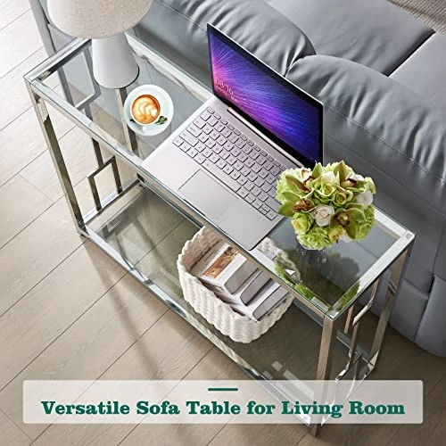 Modern Console Table Double Layer With Shelf, 41.7" Sofa Table With Tempered Glass Top, Stainless Steel Leg, Narrow Table Entryway Table,Hallway Table For Entryway,Living Room,Hallway Clear - Image 3