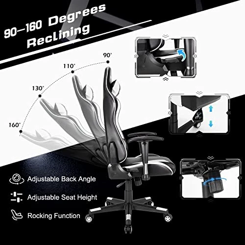 GYMAX Computer Gaming Chair, Racing Style Office Chair With Adjustable Lumbar Support Headrest, 360° Swivel, Height Adjustable Ergonomic Reclining Gaming Chair For Home Office Leisure Room (White) - Image 5
