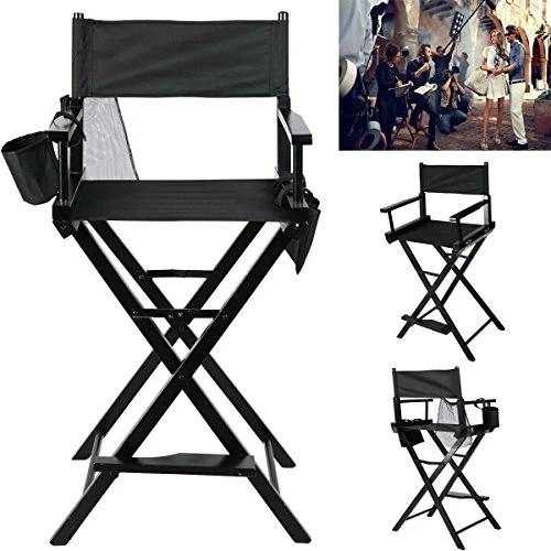 Foldable Makeup Director Chair, Tall Artist Professional Directors Chair With Storage Bag Cup Holder-Black