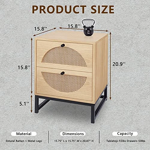 AWQM Rattan Nightstand Set Of 2,Farmhouse End Table Set Of 2,Wood Sofa Side Table,Accent Table With Storage, Bedside Table Accent Storage Cabinet For Bedroom Living Room,Metal Legs,Beige - Image 3