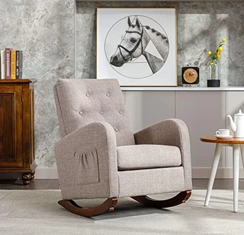 SmartDer Comfy Rocking Chair Nursery, Padded Rocking Chair With A Pocket, Accent Armchair With High Backrest And Solid Wood Base, Modern Lounge Living Room Chair For Nursery, Beige-Smooth Backrest - Image 6