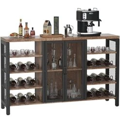 COZY EAGLE Industrial Wine Bar Cabinet, Coffee Bar Table With Storage & Rack For Liquor And Glasses For Home Kitchen, Dining Room, 55.2 Inch Rustic Oak