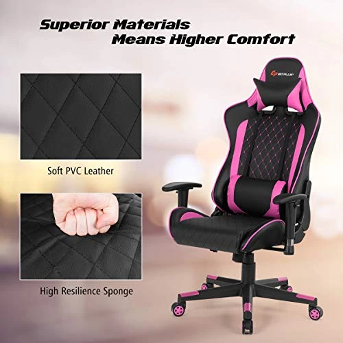 Goplus Massage Gaming Chair, Reclining Backrest Handrails And Seat Height Adjustment Racing Computer Office Chair, Ergonomic High Back Embroidered PU Swivel Game Chair With Headrest And Lumbar Cushion - Image 4