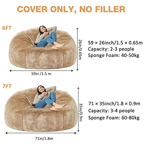 Taotique Giant Bean Bag Chair Cover(Cover Only, No Filler) Soft Faux RH Fur Sofa Bed Cover Washable Bean Bag Couch Cover For Adult And Kids With Liner - Image 3