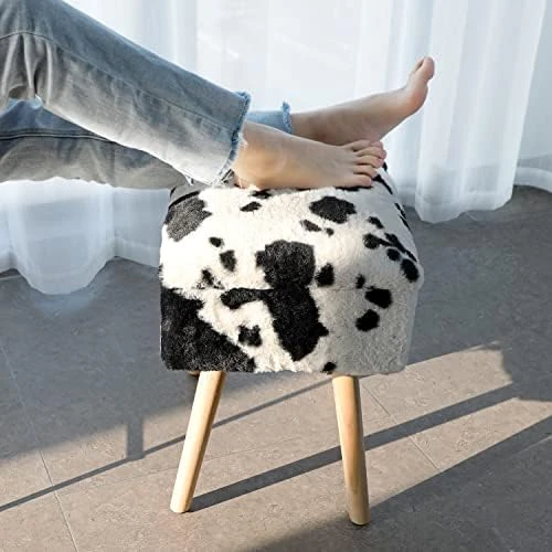 SCRIPTRACT Modern Mink Square Footstool Ottoman Bench Flower Pattern Furry Faux Fur Vanity Stool Chair With Golden Metal Leg For Vanity Entryway Bathroom Living Room Bedroom (Black Rose) - Image 11
