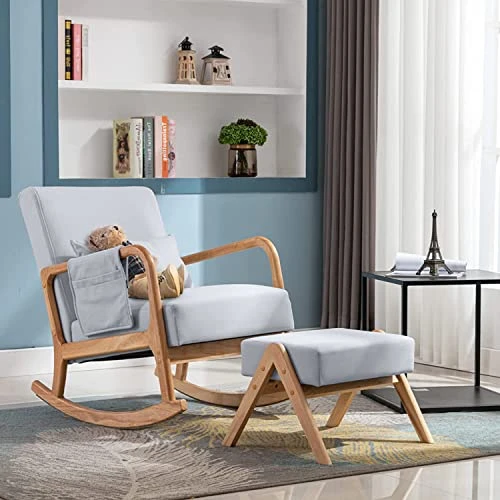 Prahalum Nursery Rocking Chairs Glider, Rocker Chair With Ottoman Set, Comfy Nursing Armchair For Mom, Living Room,Side Pocket, Lumbar Pillow, Leathaire, Light Gray