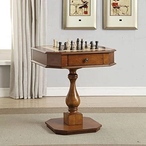 Bishop Game Table, Work Desk Multi-Functional Table Dining Table With 2 Storage Drawers, Reversible Game Tray & Pedestal Base, 3-in-1 Chess Table, Backgammon Table, Cherry - Image 8