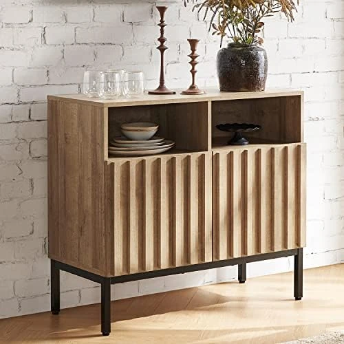 Mopio Norwin Storage Cabinet, Modern Industrial Farmhouse Entryway Accent Buffet Cabinet, Sideboard, With Metal Legs, Storage Shelves, Fluted Panel Doors, & Leveler, For Living Room, Bedroom, Oak - Image 9