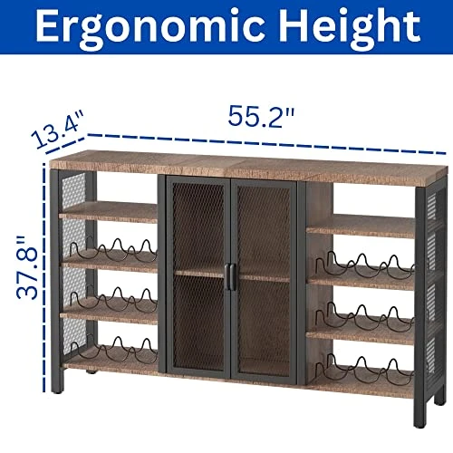 COZY EAGLE Industrial Wine Bar Cabinet, Coffee Bar Table With Storage & Rack For Liquor And Glasses For Home Kitchen, Dining Room, 55.2 Inch Rustic Oak - Image 3