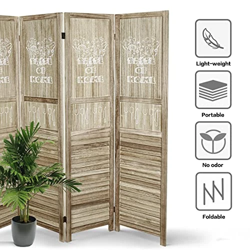 ECOMEX 4 Panel Room Divider, 5.6 Ft Tall Wood Room Dividers And Folding Privacy Screens Portable Partition Room Dividers With Pattern For Home Office Bedroom Dining Room, Brown - Image 4