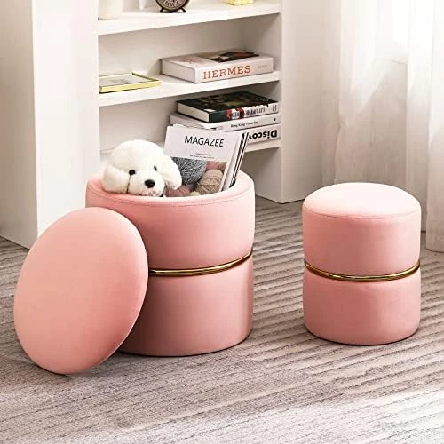 Furnimart Round Bronzing Velvet Storage Ottoman,Vanity Stool Chair,Upholstered Foot Rest Stool With Gold Plating Band For Living Room Or Bedroom,Pack Of 2 - Image 13