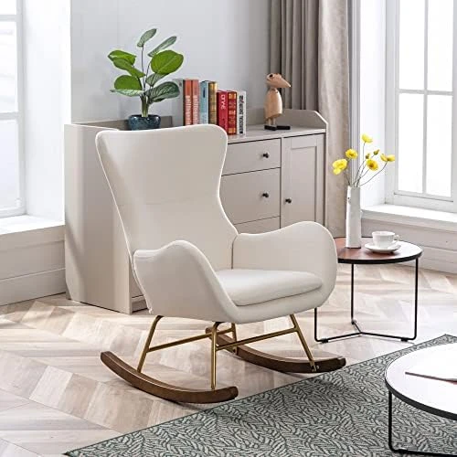 DM Furniture Sherpa Rocking Accent Chair Upholstered Nursery Glider Rocker For Baby Nursing Comfy Lounge Chair With Gold Legs For Living Room Bedroom, White - Image 10
