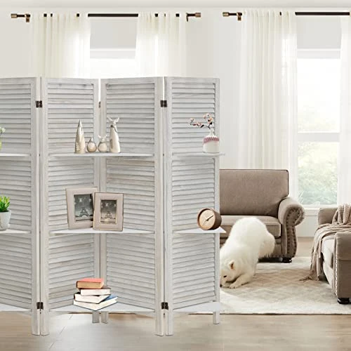 Babion Room Divider With Shelves,4 Panel Room Divider Wall,White Room Dividers And Folding Privacy Screens,Partition Room Dividers For Bedroom, Garden, Office, Study Room (White) - Image 2