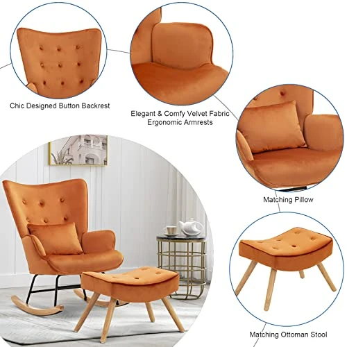 Artechworks Modern Velvet Rocking Chair, Glider Chair With Ottoman Cushion, Nursery Mid Century Upholstered Tufted Chair Rocking Armchair Rocker Accent Chair For Livingroom, Balcony, Caramel - Image 6