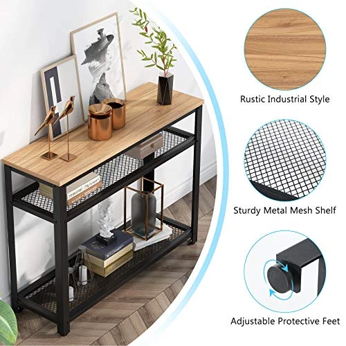 Tribesigns Console Table, Entryway Hallway Table With 2 Mesh Storage Shelves, Industrial Style, For Living Room, Corridor, Bedroom (Maple Wood) - Image 5