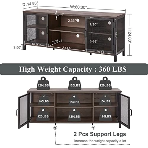 FATORRI Industrial Entertainment Center For TVs Up To 65 Inch, Rustic Wood TV Stand, Large TV Console And TV Cabinet For Living Room (60 Inch Wide, Walnut Brown)