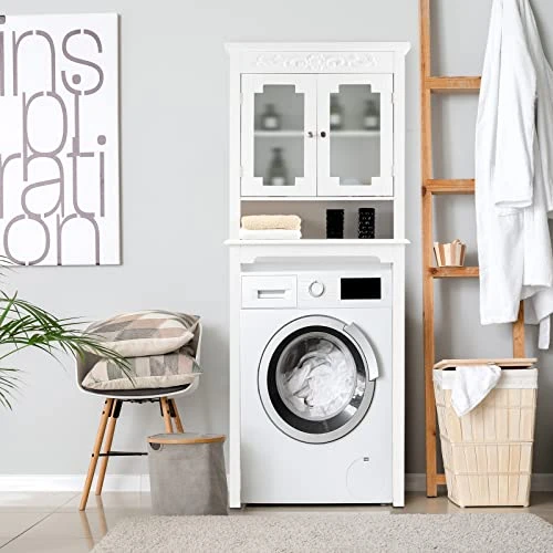 GENERIC Hysache Over The Toilet Storage, 3-Shelf Bathroom Space Saver W/Adjustable Partition, 2 Tempered Glass Door, Sturdy Bottom Stabilizer Bar& Anti-toppling Device, Free Standing Rack, White (HW66962) - Image 2