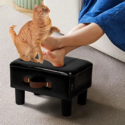 H&B Luxuries Footstool Small Ottoman, PU Leather Small Ottoman Foot Rest,16.14" Extended Rectangular Footstool With Carry,Ottoman For Living Room, Bedroom, Couch,Patio,Cloakroom (Black) - Image 2