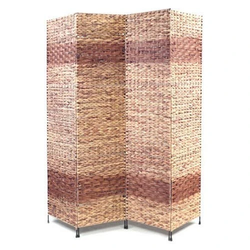 Proman Products Jakarta-B Folding Screen Metal Frame W/ Water Hyacinth Inserts Natural Color With Espresso Bands 4 Panels, 60" W X 67" H X 1" D