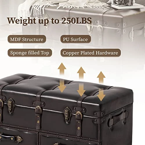 LONYKE Vintage Treasure Chest Bench With Latch Closure And Buckle Trunk, Farmhouse Faux Leather Storage Ottoman Bench For Living Room, Entryway, Bedroom, Sponge Padded ,Black Brown - Image 2